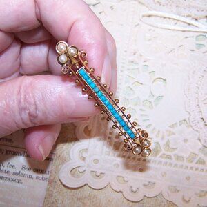 Antique Victorian 14K Gold Persian Turquoise Natural Pearl Etruscan Revival Pin